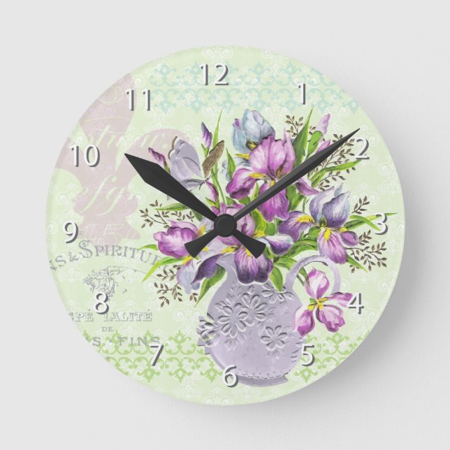 Vintage Shabby Purple Flowers Whimsical Green Round Clock (Front)