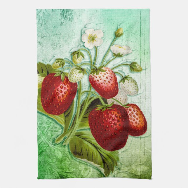 Vintage Shabby Strawberry Patch Vine Tea Towel (Vertical)