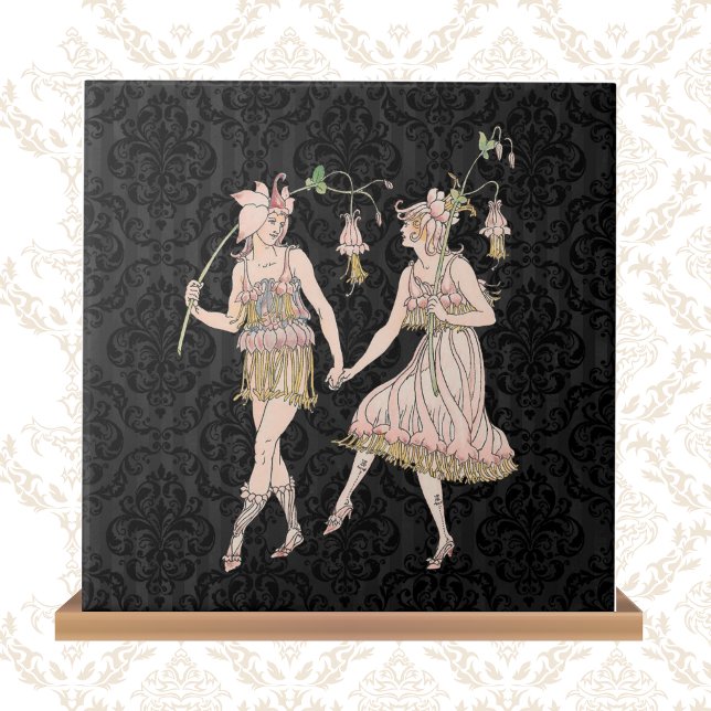 Vintage Shakespeare's Garden Women on Black Damask Tile (Creator Uploaded)