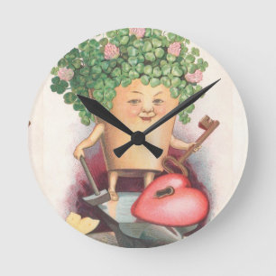 Vintage Shamrock Heart and Key St Patrick's Day Round Clock