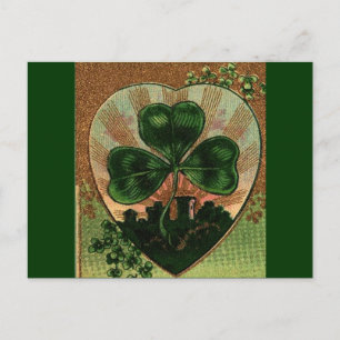 Vintage Shamrock Irish Heart Castle Motif Postcard