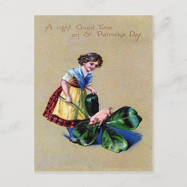 Vintage Shamrock Pig Girl St Patrick's Day Card (Front)