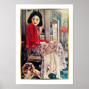 Vintage Shanghai China Ad Woman and Pekingese Dog Poster
