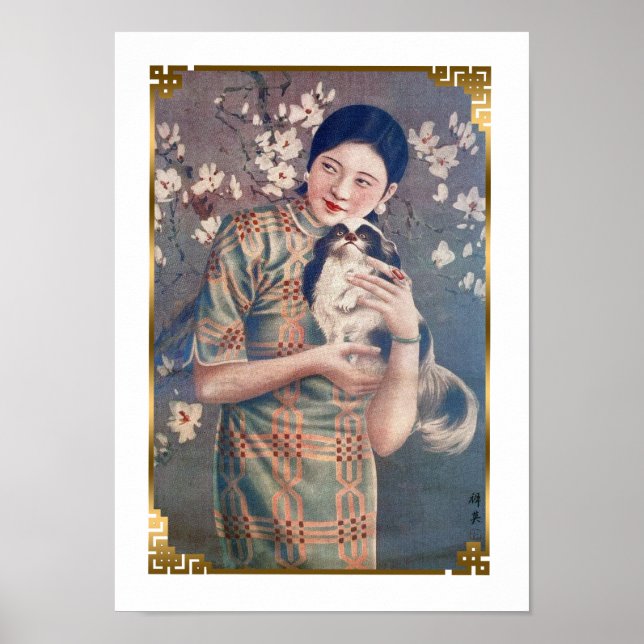 Vintage Shanghai Poster Ad Woman Papillon Dog  (Front)
