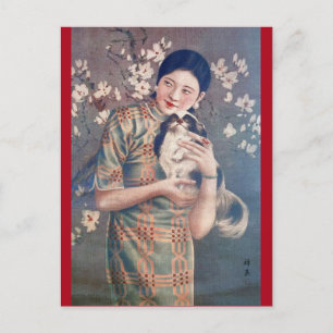 Vintage Shanghai Poster Ad Woman Papillon Dog Postcard