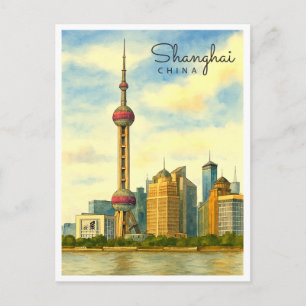 Vintage Shanghai Skyline Watercolor Holiday Postcard