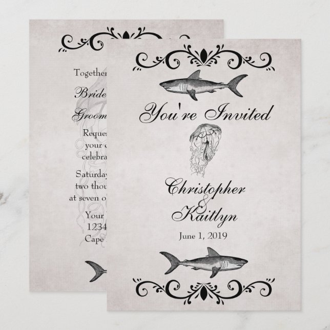 Vintage Shark and Jellyfish Wedding Reception Invitation (Front/Back)