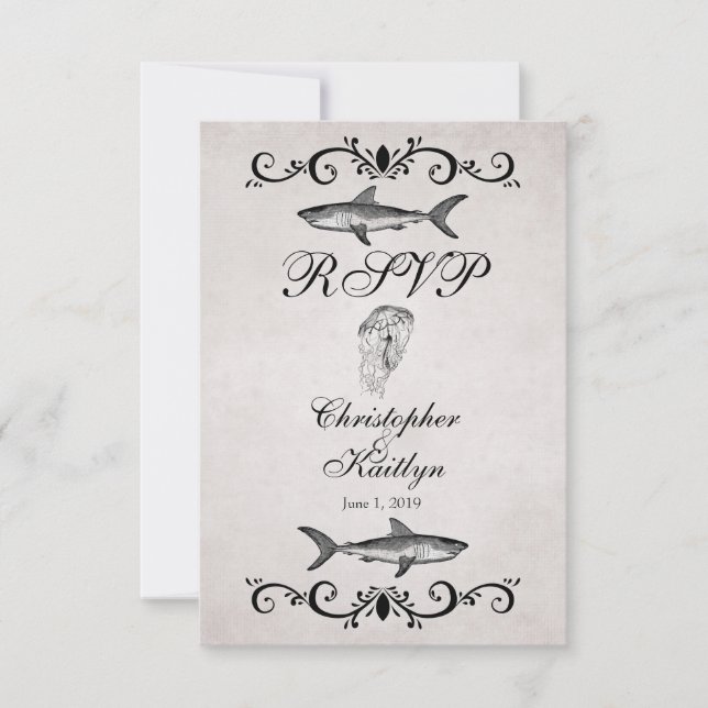 Vintage Shark and Jellyfish Wedding RSVP Cards (Front)