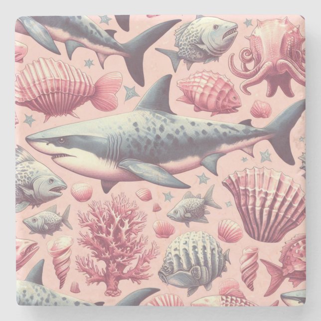 Vintage Shark Seamless Stone Coaster (Front)