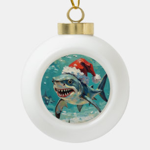 Vintage Shark with Santa Hat Christmas Art Ceramic Ball Christmas Ornament