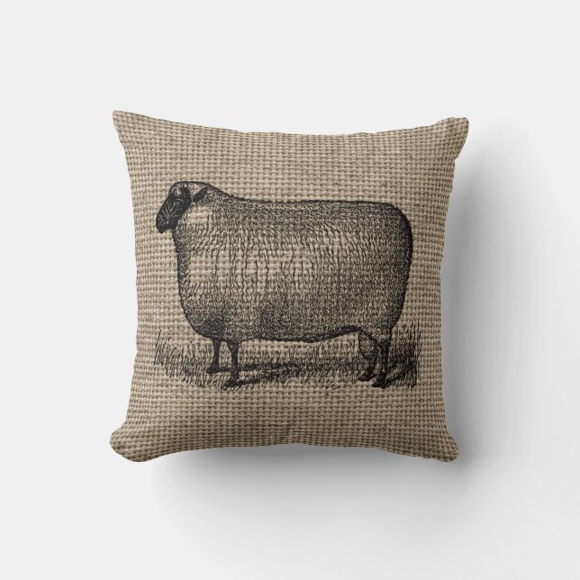 Vintage Sheep on Burlap Cushion (Front)