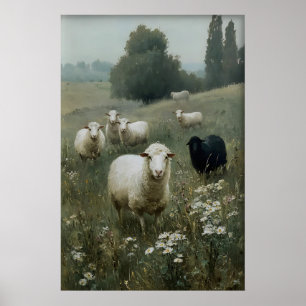 Vintage Sheeps Print, Black Sheep Farmhouse Poster