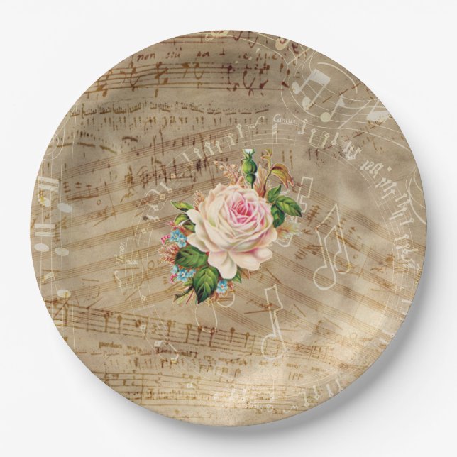 Vintage Sheet Music Antique Rose  Paper Plates (Front)