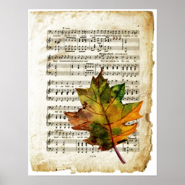 Vintage Sheet Music Autumn Leaf Art Poster (Front)