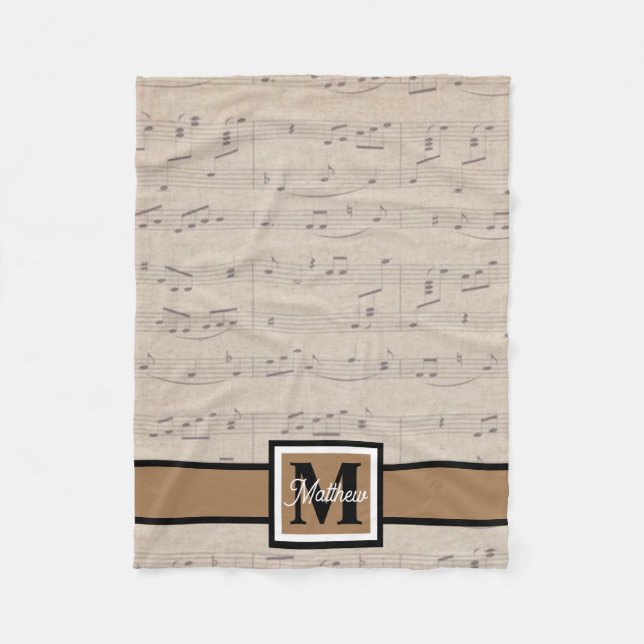 Vintage Sheet Music note Musician Monogram    Fleece Blanket (Front)