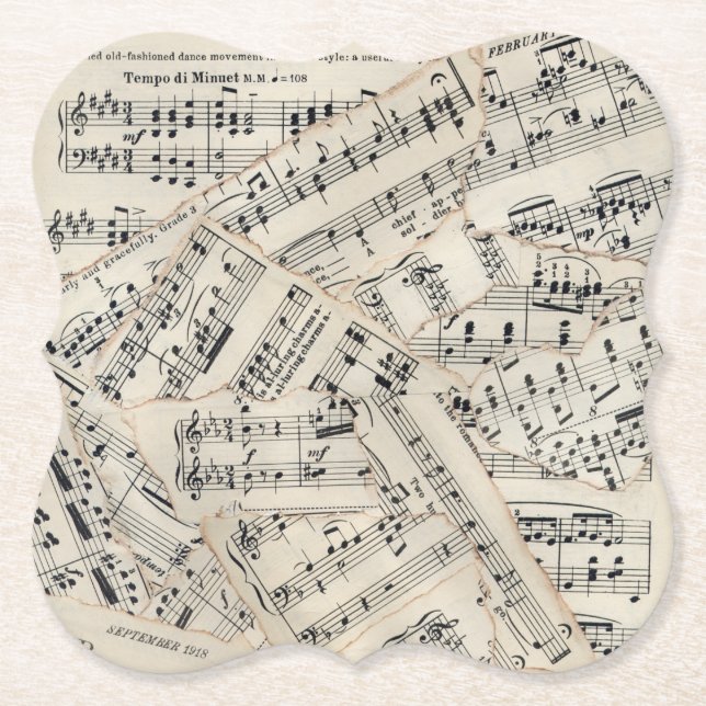Vintage Sheet Music Paper Collage Paper Coaster (Front)
