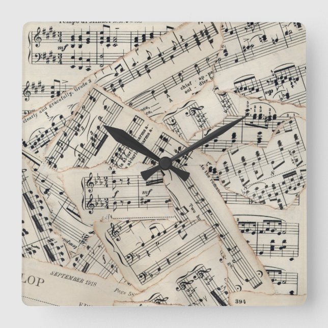 Vintage Sheet Music Paper Collage Square Wall Clock (Front)