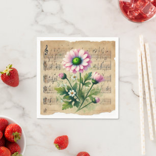 Vintage Sheet Music Pink & Green Daisies Decoupage Napkin