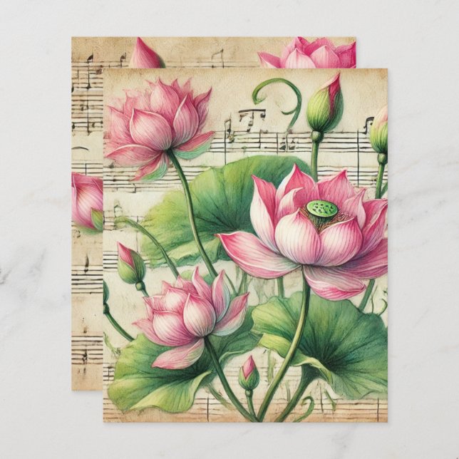 Vintage Sheet Music Pink & Green Lotus Scrapbook (Front/Back)