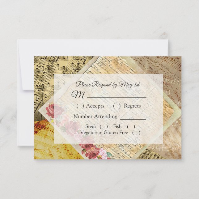 Vintage Sheet Music Pink Rose Wedding RSVP card (Front)