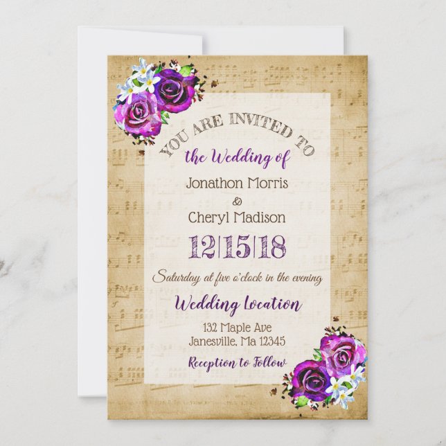 Vintage Sheet Music Purple Rose Wedding   Invitation (Front)