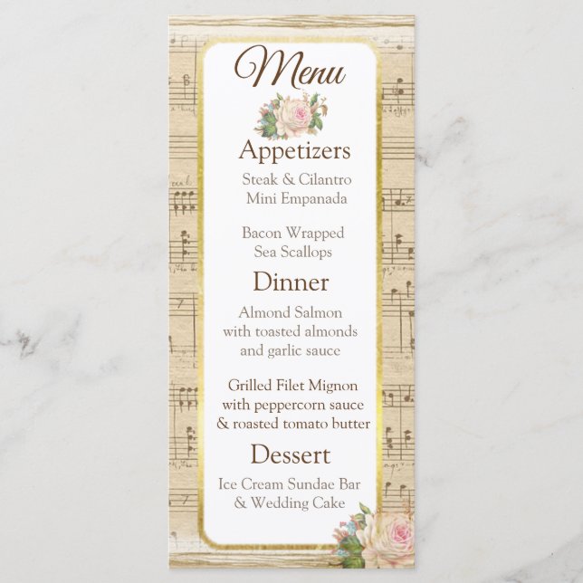 Vintage Sheet Music Wedding Menu Card (Front)