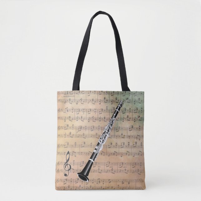 Vintage Sheet Music With A Clarinet Tote Bag (Front)