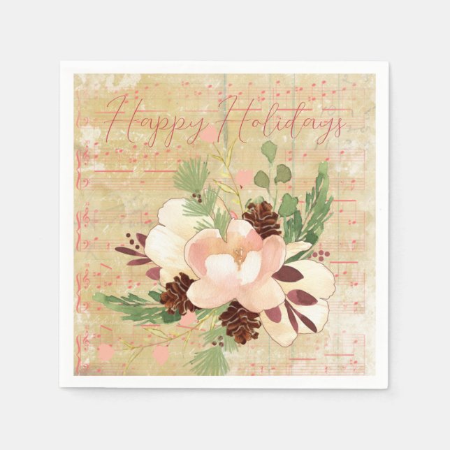 Vintage Sheet Music with Pine Cones Bouquet Napkin (Front)