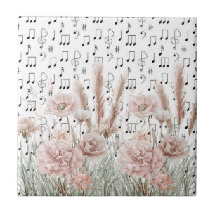 Vintage Sheet Music With Pink Peony Wildflowers Tile