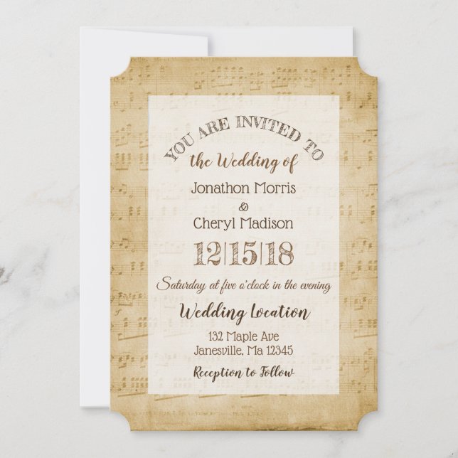 Vintage Sheet Musical Wedding   Invitation (Front)