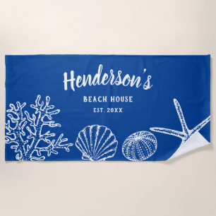 Vintage Shell Starfish Beach House Name Blue White Beach Towel