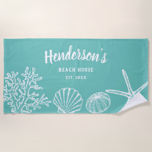 Vintage Shell Starfish Beach House Name Sea Green Towel