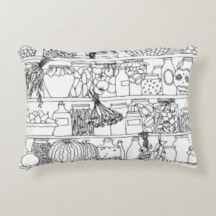Vintage shelves with cans: sketch. decorative cushion