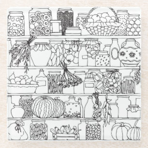 Vintage shelves with cans: sketch. glass coaster