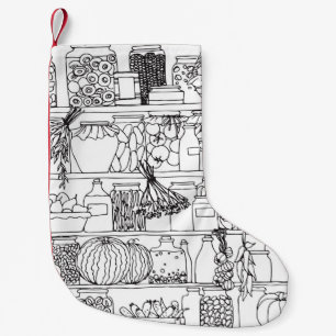 Vintage shelves with cans: sketch. small christmas stocking