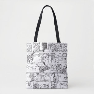 Vintage shelves with cans: sketch. tote bag