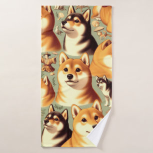 Vintage Shiba Inu Seamless Pattern Bath Towel