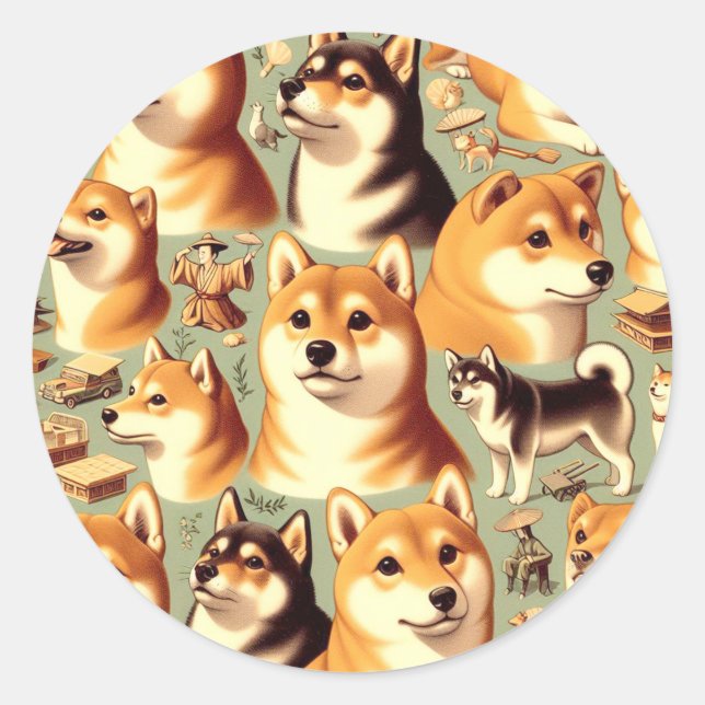 Vintage Shiba Inu Seamless Pattern Classic Round Sticker (Front)