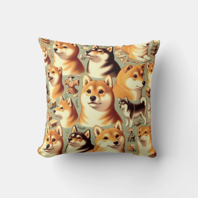 Vintage Shiba Inu Seamless Pattern Cushion (Front)