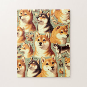 Vintage Shiba Inu Seamless Pattern Jigsaw Puzzle