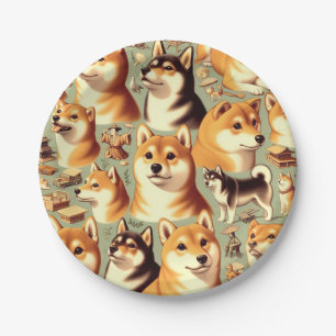 Vintage Shiba Inu Seamless Pattern Paper Plate