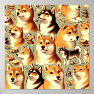 Vintage Shiba Inu Seamless Pattern Poster