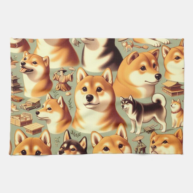 Vintage Shiba Inu Seamless Pattern Tea Towel (Horizontal)