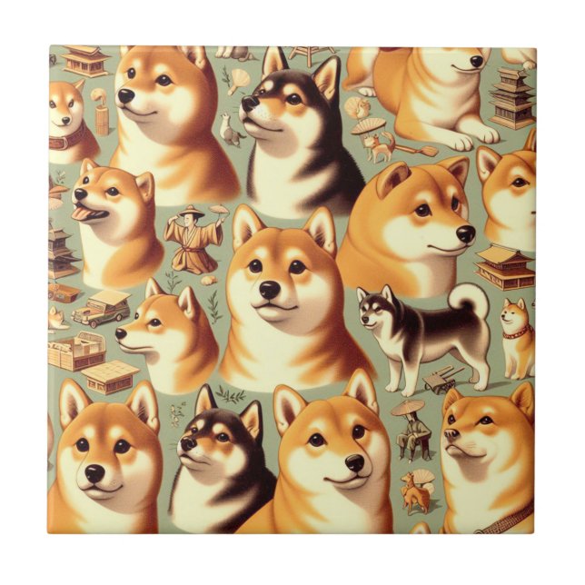 Vintage Shiba Inu Seamless Pattern Tile (Front)
