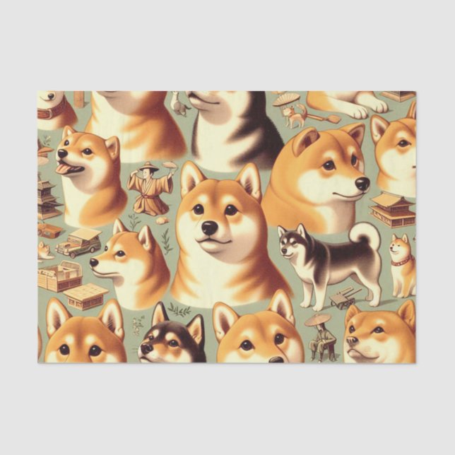 Vintage Shiba Inu Seamless Pattern Tissue Paper (Front)