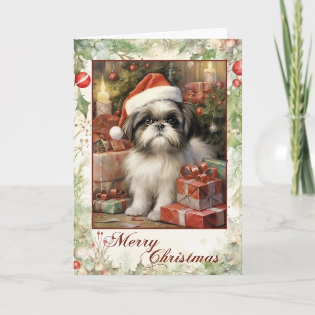 Vintage Shih Tzu Christmas Holiday Card (Front)