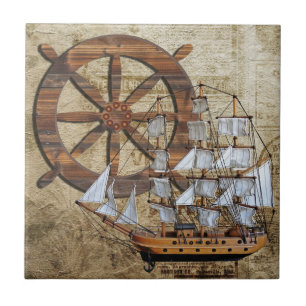 Vintage Ship and Helm Tile