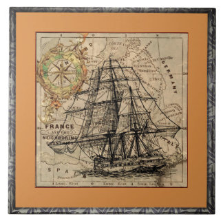 Vintage Ship And Map Ceramic Tile