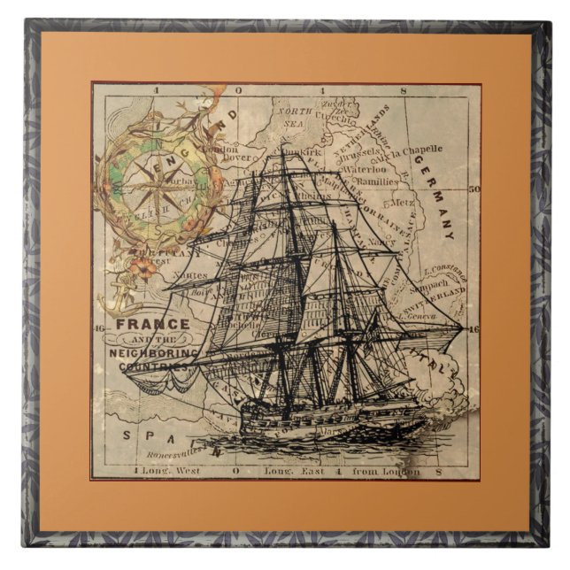 Vintage Ship And Map Ceramic Tile (Front)