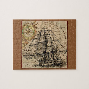 Vintage Ship And Map Jigsaw Puzzle